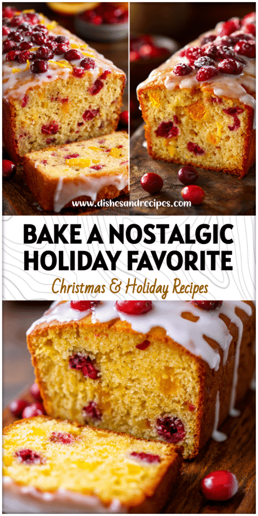 Sliced cranberry orange bread with bright glaze and cranberries styled for festive holiday baking.